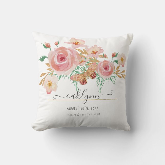 Floral Pink Blush Rose Baby Girl Birth Stats White Cushion (Front)
