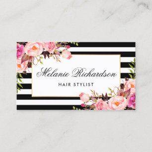 Floral Pink Blush Stripes Hair Stylist Appointment Card