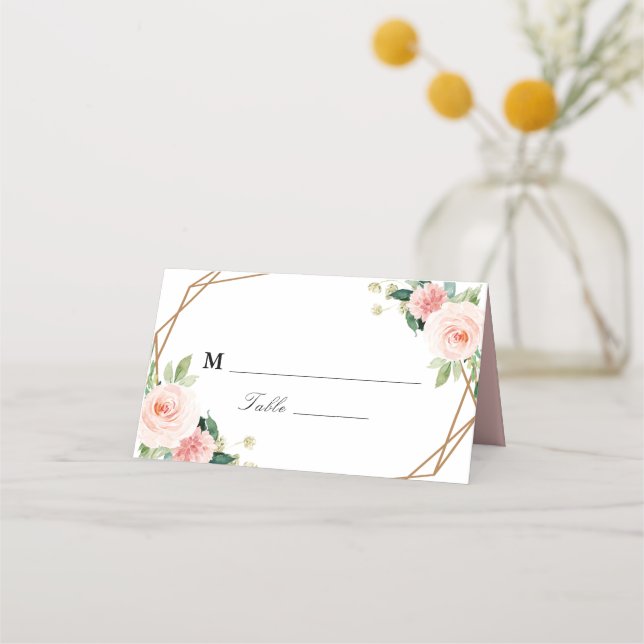 Floral pink blush watercolor geometric wedding place card (Front)