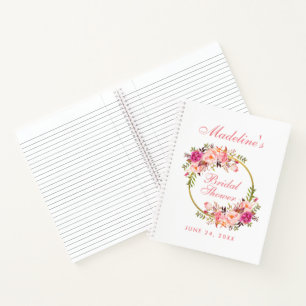 Floral Pink Blush Wreath Bridal Shower Gift List Notebook