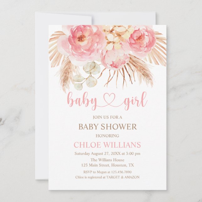 Floral Pink Boho Pampas Baby Girl Invitation Card (Front)