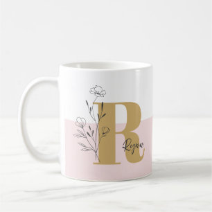 Floral Pink Bold Monogram Name Coffee Mug