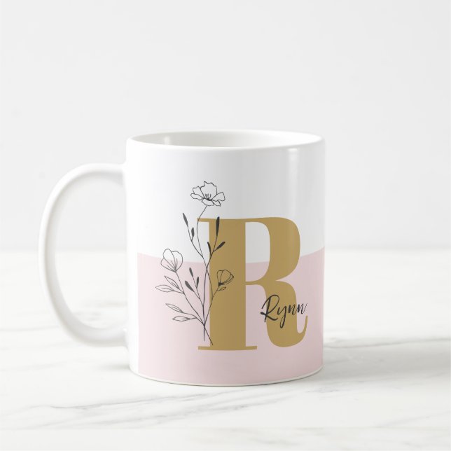 Floral Pink Bold Monogram Name  Coffee Mug (Left)