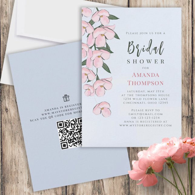 Floral Pink Botanical Cherry Blossoms QR Code Invitation (Creator Uploaded)