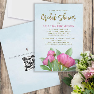 Floral Pink Botanical Elegant Peonies QR Code Invitation