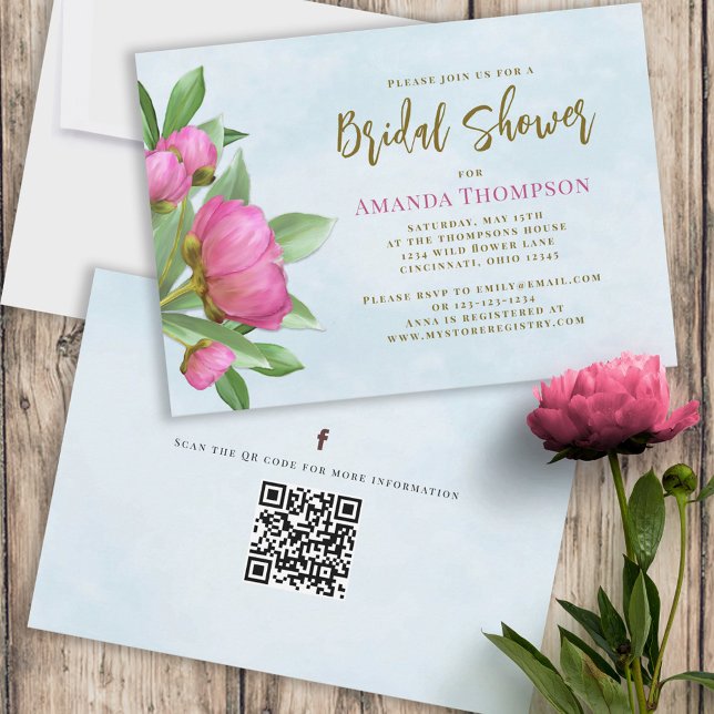 Floral Pink Botanical Elegant Peonies QR Code Invitation (Creator Uploaded)