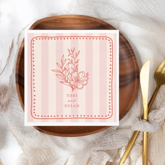 Floral Pink Bouquet Stripe Wedding Napkin (Creator Uploaded)