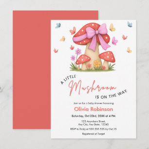 Floral Pink Bow A Little Mushroom Baby Shower Invitation