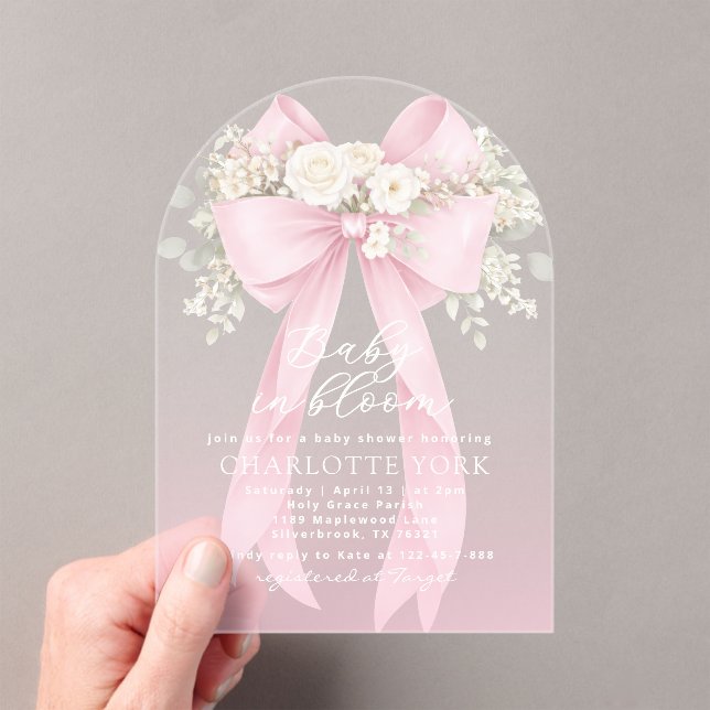 Floral Pink Bow Baby in Bloom Baby Shower Acrylic Invitations (Insitu (Handheld))