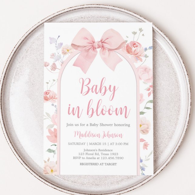 Floral Pink Bow Baby in Bloom Baby Shower Invitation (Floral Pink Bow Arch Baby in Bloom Baby Shower Invitation)