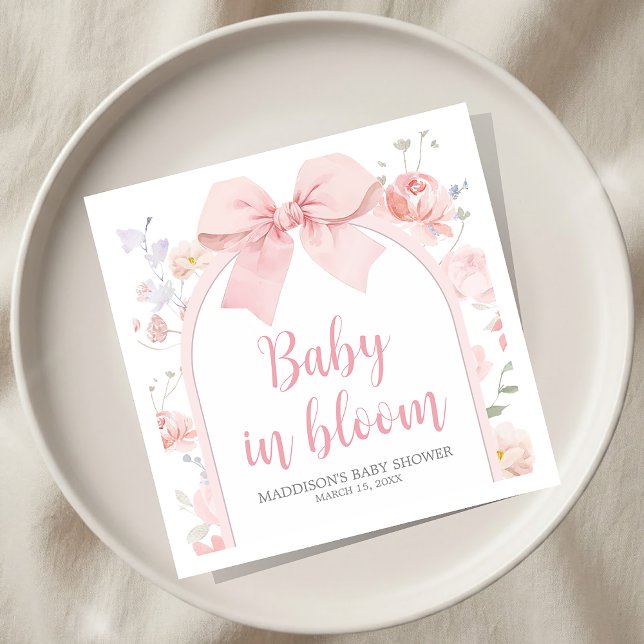Floral Pink Bow Baby in Bloom Baby Shower Napkin (Creator Uploaded)