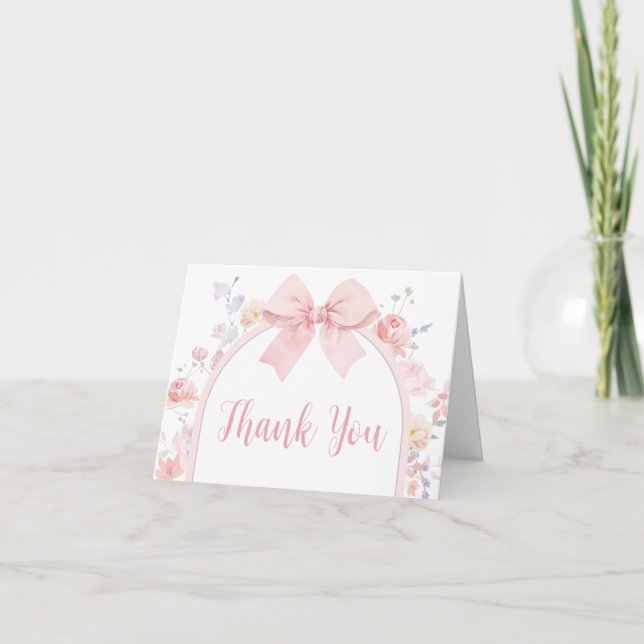 Floral Pink Bow Baby in Bloom Baby Shower Thank You Card (Front)