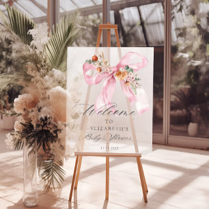 Floral Pink Bow Baby in Bloom Baby Shower Welcome Acrylic Sign