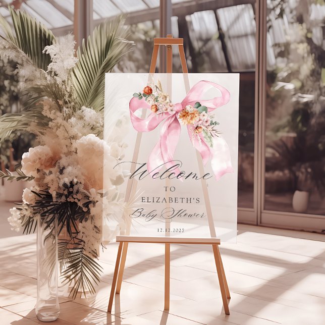 Floral Pink Bow Baby in Bloom Baby Shower Welcome Acrylic Sign (Creator Uploaded)