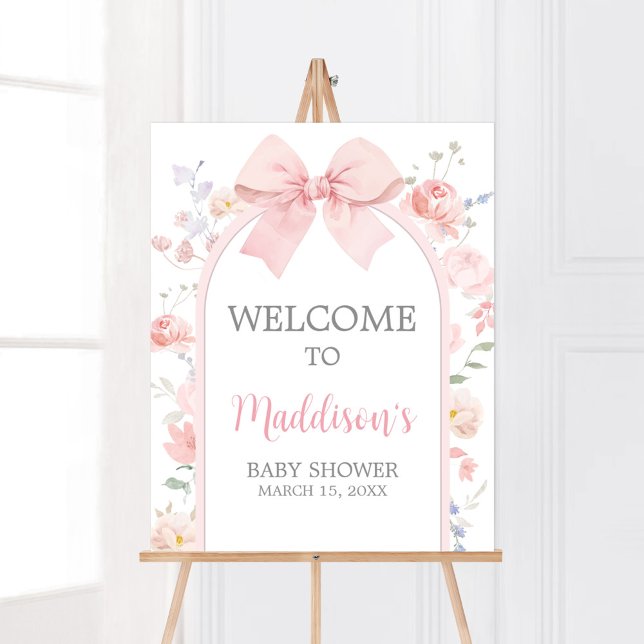 Floral Pink Bow Baby in Bloom Welcome Sign (Pink Bow Baby in Bloom Baby Shower Welcome Sign)