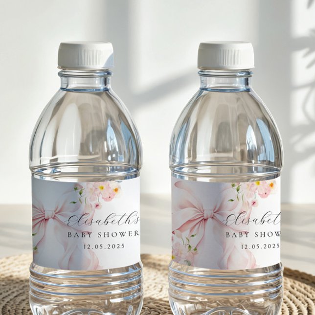 Floral Pink Bow Baby Shower Favour Bag Water Bottle Label (Creator Uploaded)