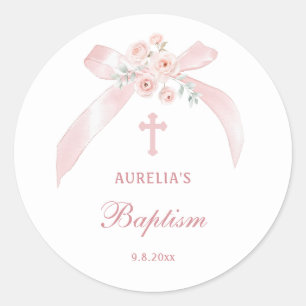 Floral Pink Bow Baptism Classic Round Sticker