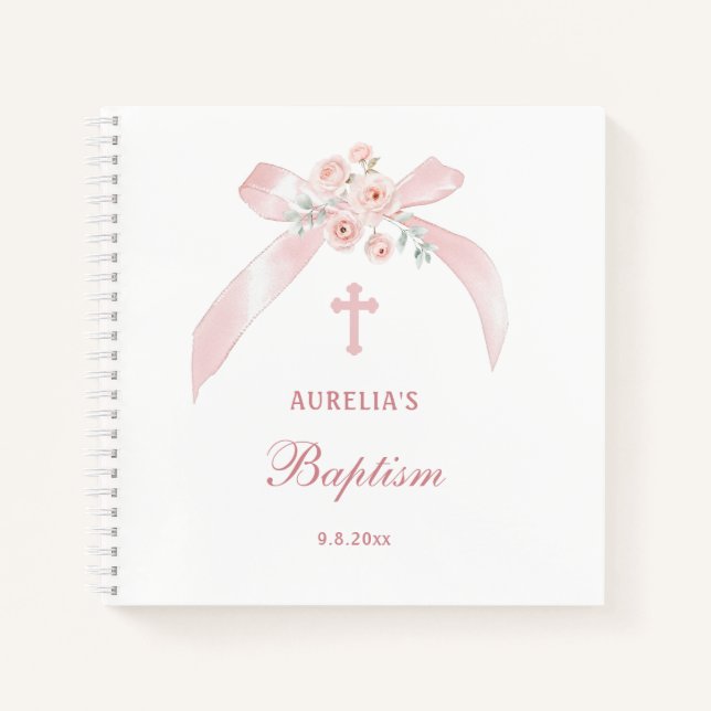 Floral Pink Bow Baptism Guest Book (Front)
