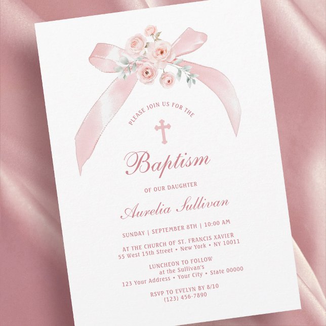 Floral Pink Bow Baptism Invitation (Creator Uploaded)