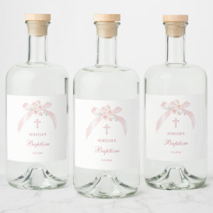 Floral Pink Bow Baptism Liquor Bottle Label