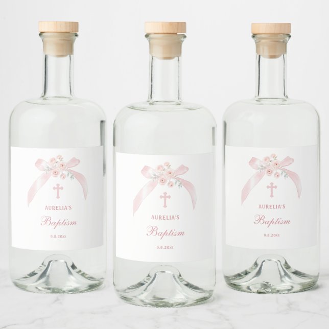 Floral Pink Bow Baptism Liquor Bottle Label (Bottles)