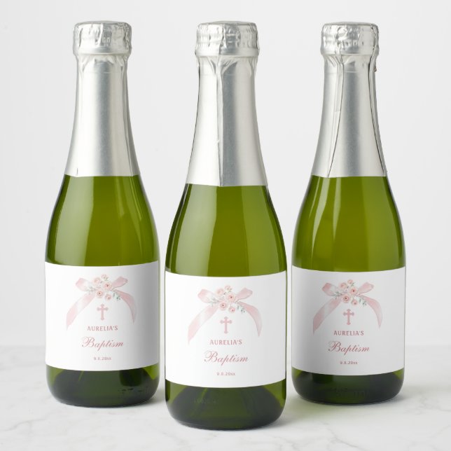 Floral Pink Bow Baptism Mini Sparkling Wine Label (Bottles)