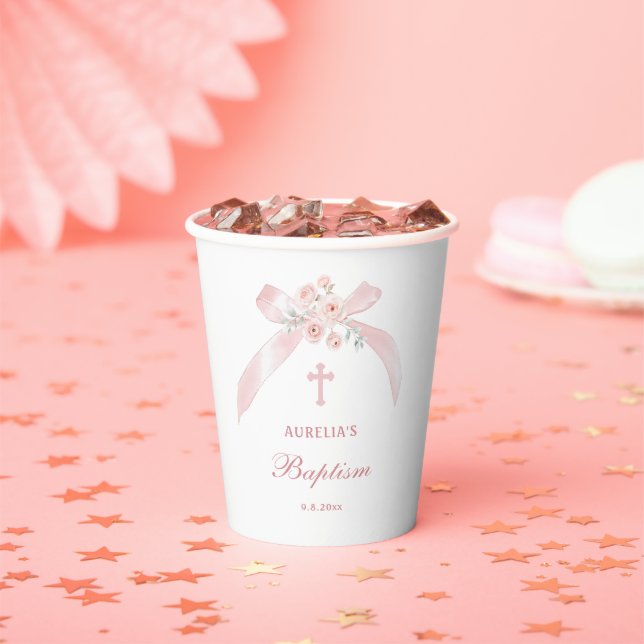 Floral Pink Bow Baptism Paper Cups (Insitu)