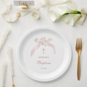 Floral Pink Bow Baptism Paper Plate