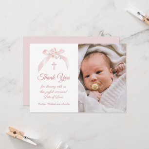 Floral Pink Bow Baptism Photo Thank You Card