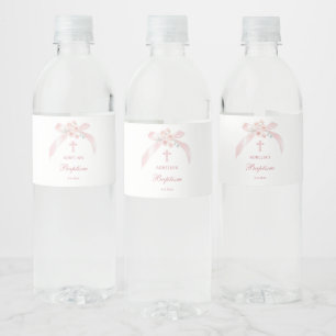 Floral Pink Bow Baptism Water Bottle Label