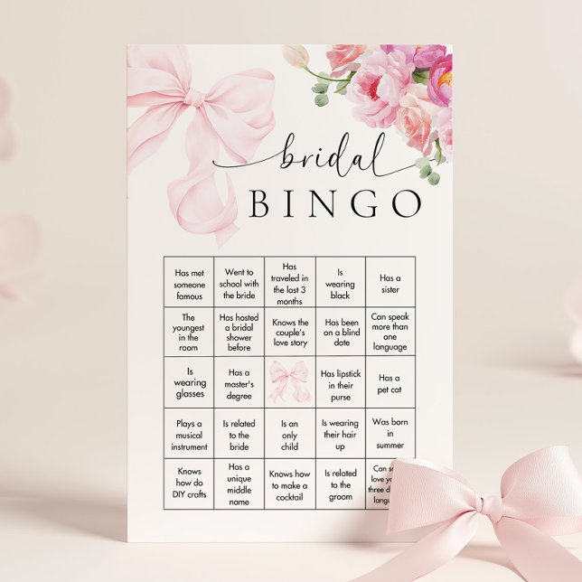 Floral Pink Bow Bridal Shower Bingo Game Stationery (Creator Uploaded)