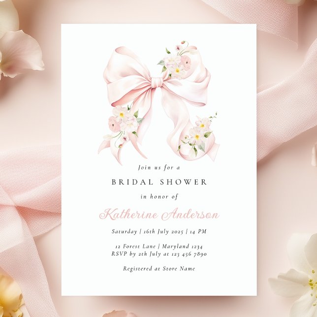 Floral Pink Bow Bridal Shower Invitation (Creator Uploaded)