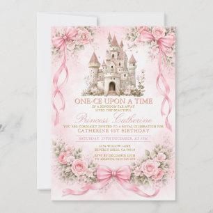 Floral Pink Bow Castle First Birthday Invite