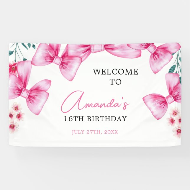 Floral Pink Bow Coquette Sweet 16 Birthday Banner (Horizontal)
