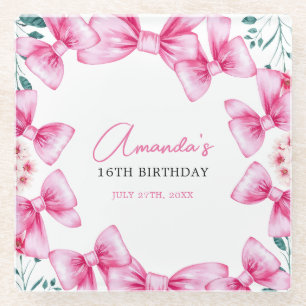 Floral Pink Bow Coquette Sweet 16 Birthday Glass Coaster