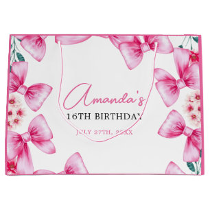 Floral Pink Bow Coquette Sweet 16 Birthday Large Gift Bag