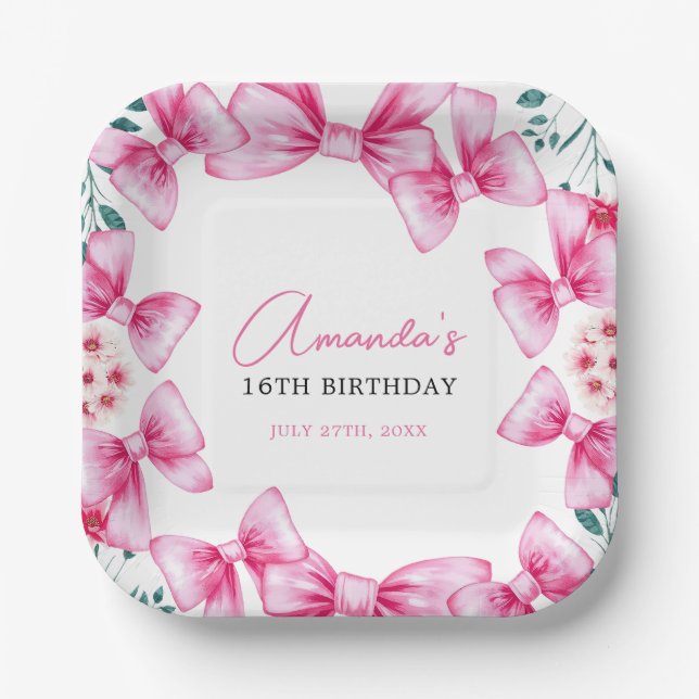 Floral Pink Bow Coquette Sweet 16 Birthday Paper Plate (Front)