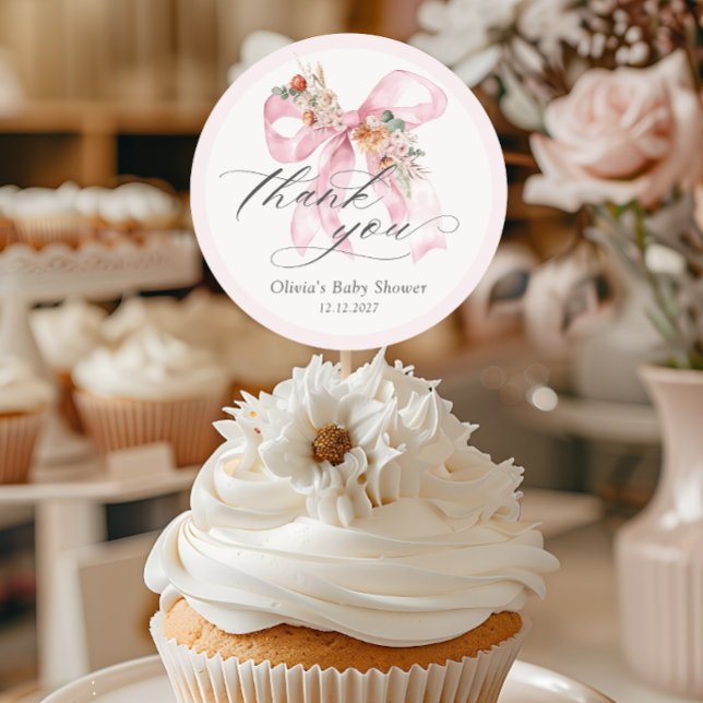 Floral Pink Bow Elegant Baby Shower Thank you Classic Round Sticker (Creator Uploaded)