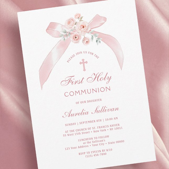 Floral Pink Bow First Holy Communion Invitation (Creator Uploaded)