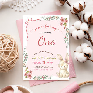 Floral Pink Bow Gingham Bunny Girl 1st Birthday Invitation