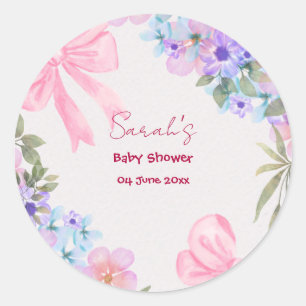 Floral Pink Bow Girl Baby Shower Classic Round Sticker