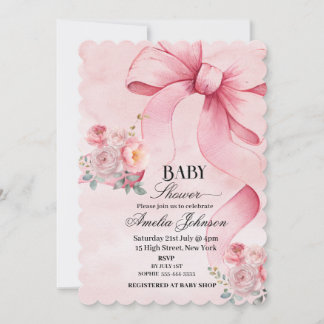Floral Pink Bow Girl Baby Shower Invitation