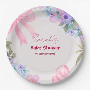 Floral Pink Bow Girl Baby Shower Paper Plate