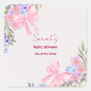 Floral Pink Bow Girl Baby Shower Square Sticker