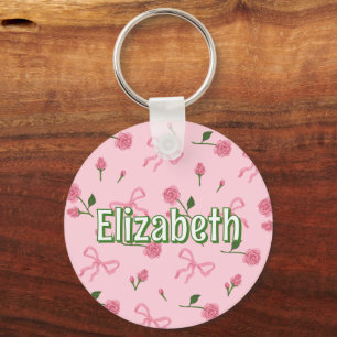 Floral Pink Bow Girl Personalised School Bag Tag Key Ring