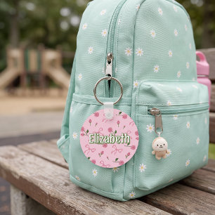 Floral Pink Bow Girl Personalised School Bag Tag Key Ring