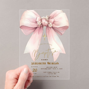 Floral Pink Bow Gold Cross Baptism Acrylic Invitations
