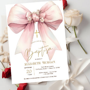 Floral Pink Bow Gold Cross Baptism Invitation