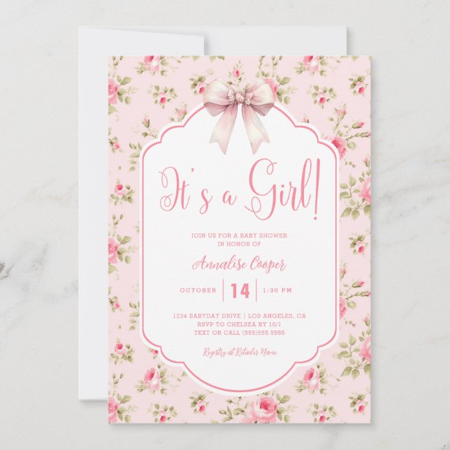 Floral Pink Bow It's A Girl Baby Shower Invitation (Front)