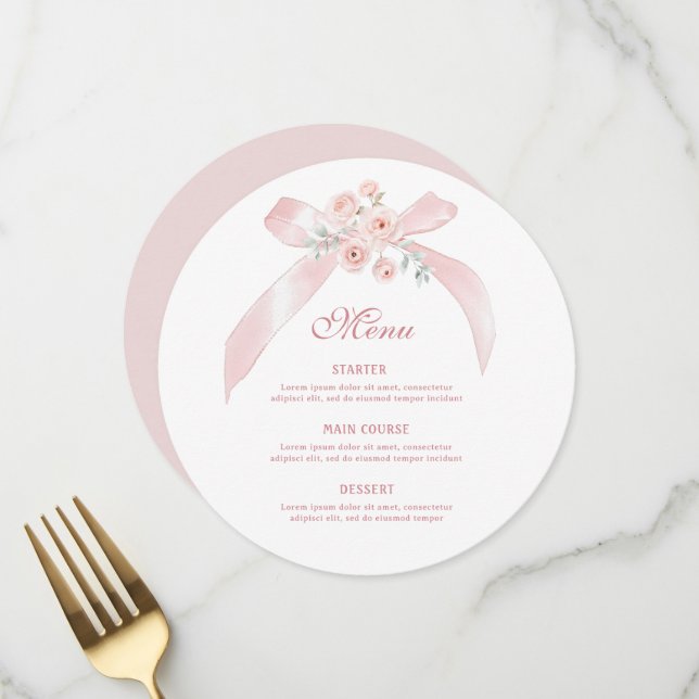 Floral Pink Bow Round Menu (Front/Back In Situ)